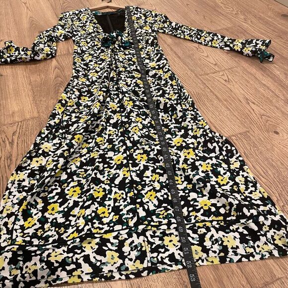 Proenza Schouler Yellow Floral Crepe Knot Midi Dress V-Neck Long Sleeve Size 2 - Picture 12 of 14